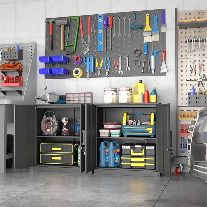 Metal Wall Cabinet,Garage Wall Cabinetwith Handle,Lockable Storage Cabinets Wall Mounted with 2 Doors,Locking Cabinet with Shelves for Basement,Living Home,Black