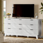 Fluted Dresser with 9 Drawers, 63" Wide Modern Chest of Drawers with Metal Handle, Wooden Dresser TV Stand, Wood Closet Clothes Storage Organizer for Bedroom, Living Room, Hallway, Solid White