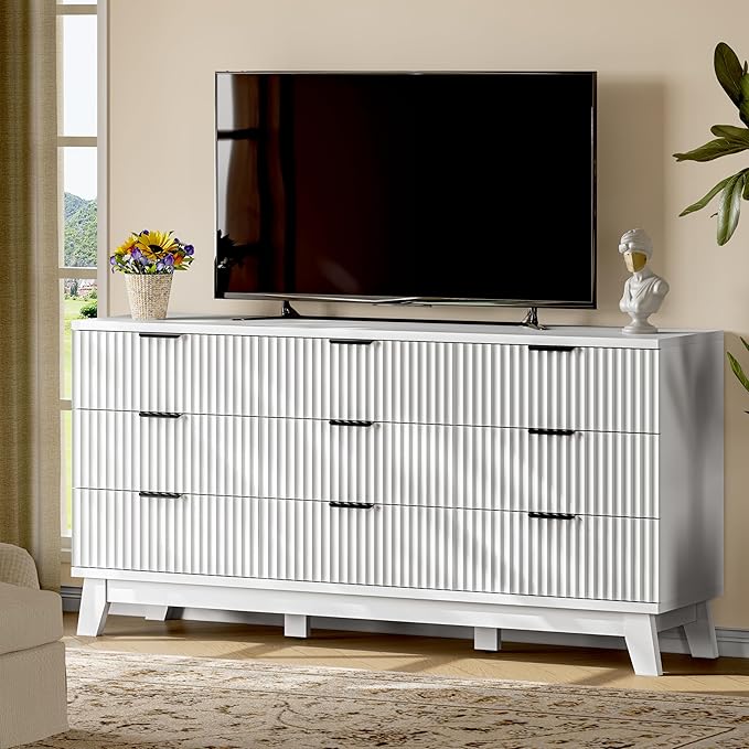 Fluted Dresser with 9 Drawers, 63" Wide Modern Chest of Drawers with Metal Handle, Wooden Dresser TV Stand, Wood Closet Clothes Storage Organizer for Bedroom, Living Room, Hallway, Solid White