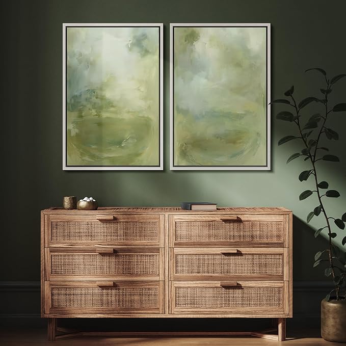 SIGNFORD Framed Canvas Print Wall Art Set Soft Green Abstract Contemporary Neutral Landscape Illustration Modern Art Decorative Nordic Nature for Living Room, Bedroom, Office - 24"x36"x2 White