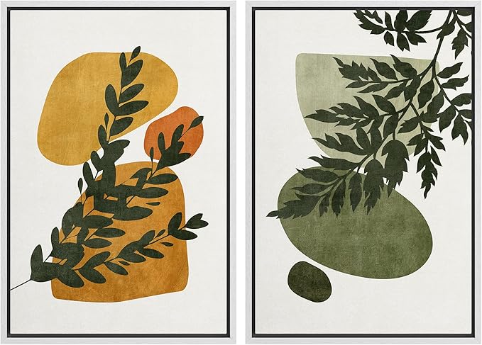 SIGNFORD Framed Canvas Print Wall Art Set Mid-Century Forest Fern Leaf Collage Abstract Shapes Illustration Modern Art Decorative Nordic Nature for Living Room, Bedroom, Office - 24"x36"x2 White