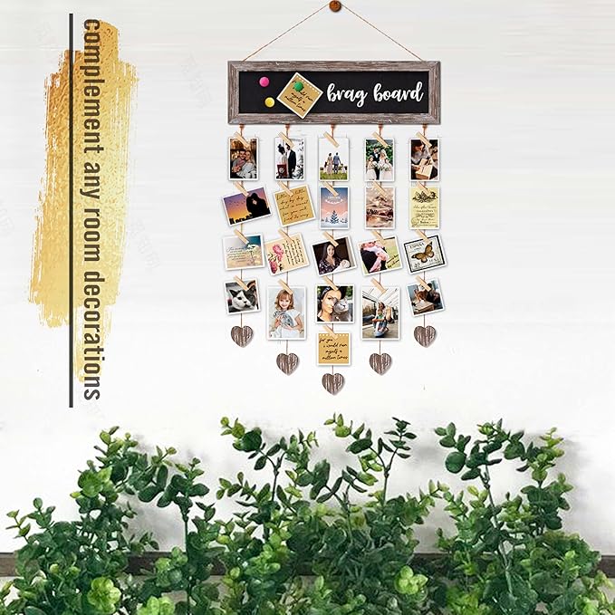 Picture Frames Brown Wood Collage Display Board with 30 Clips - Multip photo Cards Organizer with Adjustable Twines and Magnetic Chalkboard - Wall Hanging Picture Holder 15.7x5 Inch