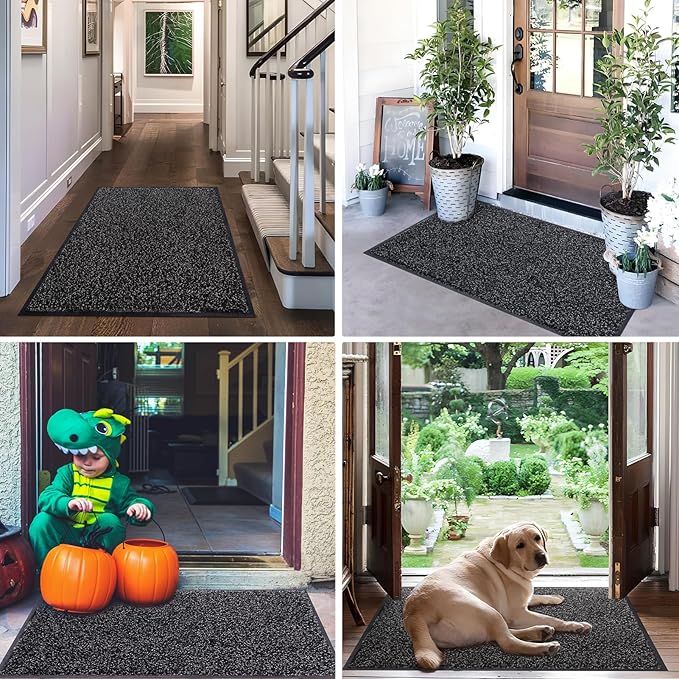 Mibao Front Door Mat, Dirt Trapper Welcome Mat for Outdoor Indoor, Non-Slip Waterproof Doormat, Durable Machine Washable Low Profile Entry Rug for Back Door Outside Patio Porch, 32" x 20", Black