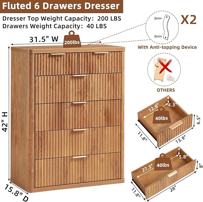 LEYAOYAO Fluted 6 Drawers Dresser for Bedroom, 42" Tall Modern Chest of Drawers with Metal Handle, Curved Profile Design,Brown Wood Drawer Organizer for Bedroom, Living Room, Hallway, Entryway