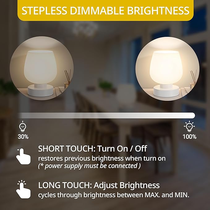 Cordless Bedside Lamp, Portable Rechargeable Table Lamps for Bedroom for Night Stands, Touch Stepless Dimmable Desk Lamp, Warm LED Bulb, Round Shape, 1 Set, White