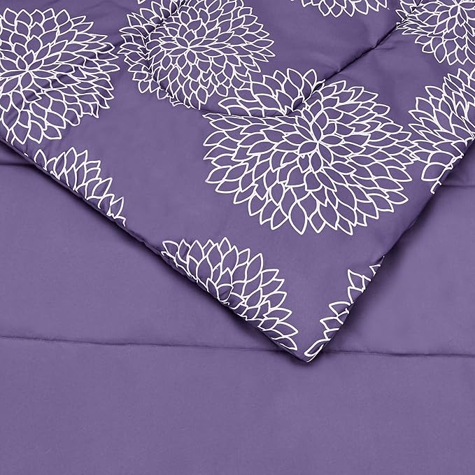 Amazon Basics Full/Queen Comforter Set with Sheets, 7-Piece Purple Floral Bedding, Lightweight Microfiber Bed-in-a-Bag