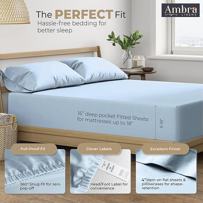 Tencel Sheets 4 Piece for Full Size Bed - 100% Eucalyptus Lyocell Full Sheets Set - Soft, Cooling & Breathable for Hot Sleepers - 16” Deep Pockets Hotel Quality Bedding Set - SkyBlue