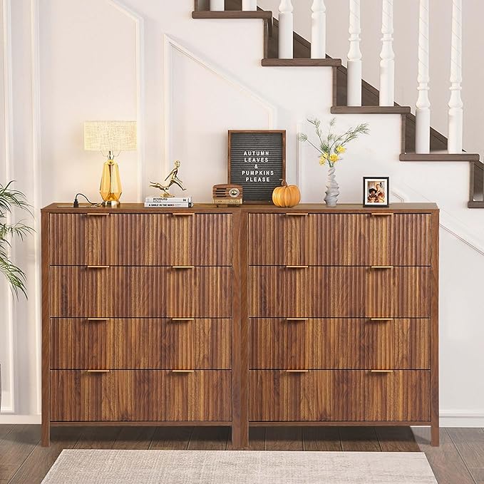 4 Drawer Double Dressers for Bedroom with Waveform Fluted Panel Design, Modern Wide Chest of Drawers,Wood Storage Dresser Chest of Drawers for Bedroom Living Room Hallway Closet,Walnut 2 Sets
