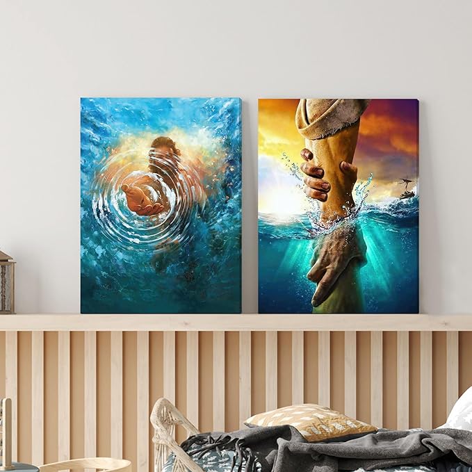 Framed Jesus Christ Canvas Wall Art The Hand of God Jesus Reaching Into Water Christian Painting Prints Biblical Wall Decor Religious Room Decor for Church Prayer Room Schools Hospitals 12" x 16"