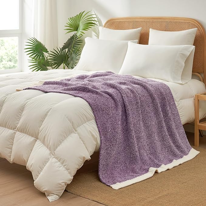 Snuggle Sac Buttery Purple Throw Blanket for Couch, Reversible Super Soft Knitted Blankets, Warm Cozy Knit Fuzzy Plush Lightweight Throws Dupes for Sofa, Bed, Picnic, Purple, 50 x 70 inches