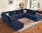 136.4" Oversized Modular Sectional Sleeper Sofa Bed, U Shaped Convertible Couch with Movable Ottoman, Large 8 Seat Corner Couches for Living Room Deep Seat Blue Chenille