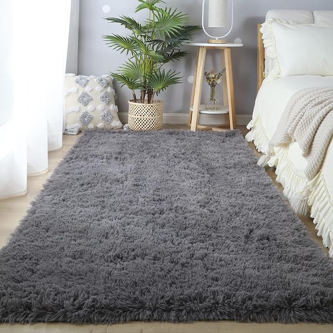 Area Rugs for Bedroom Living Room: 4x6 Grey Fuzzy Shag Shaggy Rug - Soft Plush Furry Bedside Dorm Throw Rug - Indoor Floor Carpet for Kids Girls Boys Home,Dark Gray