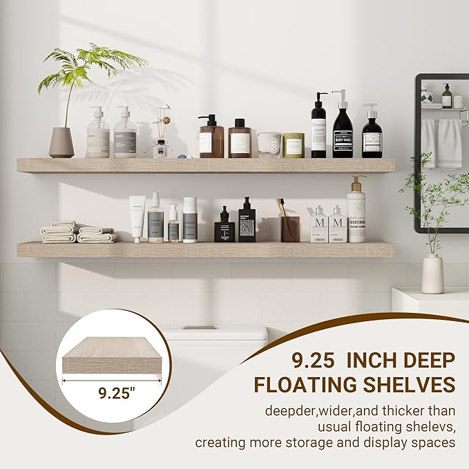 48 Inch Floating Shelves, 3D Textured Wood Grain, 48"x9.25"x1.5" Inch Deep Floating Shelves for Wall, Wooden Shelves for Bathroom, Bedroom, Living Room, Vintage White Oak