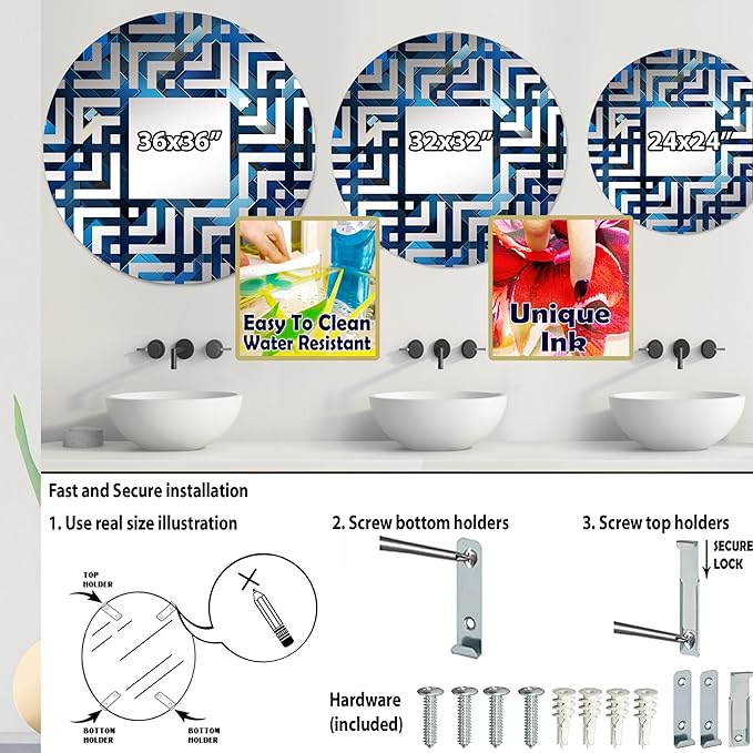 Symmetric Cubes in Deep Cobalt Blue - Geometric Maze - 32 Inches - Round Decorative Wall Mirror for Bathroom, Bedroom, Entryway, Living Room, Vanity Room and Modern Décor