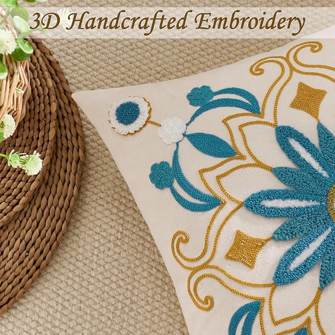 Embroidered Throw Pillow Cover 22x22 Classic Boho Floral Pattern Pillows Cover Outdoor Decorative Pillowcase,Durable Cozy Textured Cushion Case for Sofa Couch Bed Living Room,Teal