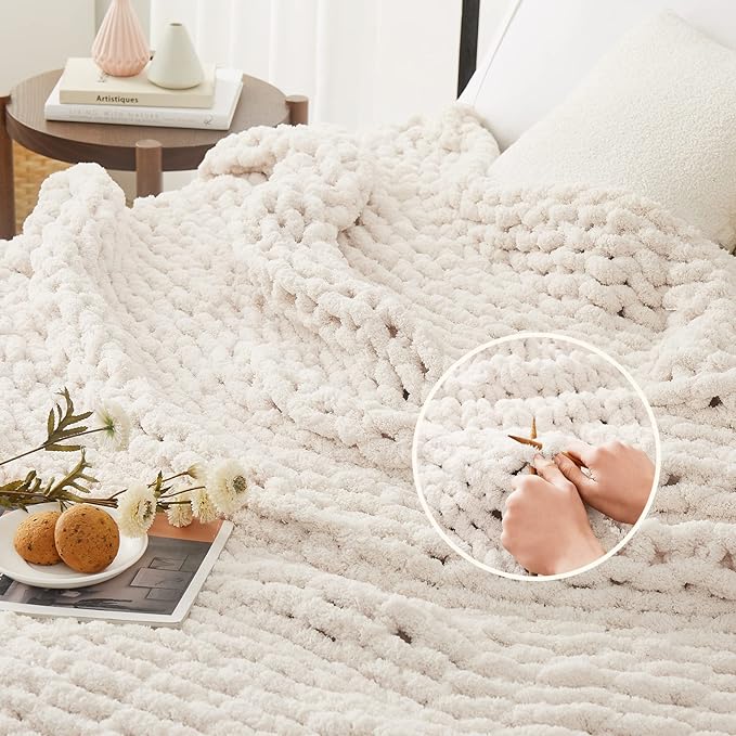 L'AGRATY Chunky Knit Blanket Throw: 30''x40'' Chenille Chunky Knitted Throw Blankets for Bed Couch - Handmade Thick Big Cable Knit Blankets - Large Crochet Rope Blanket for Home Decor(Ivory)