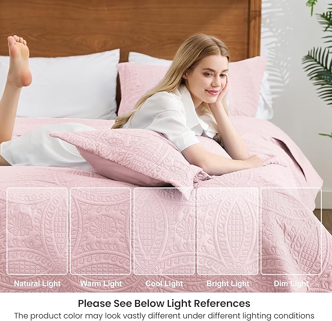 Love's cabin Quilts for Full Bed Pink Bedspreads Bedding Set - Lightweight Bedspread Comforter - Coin Pattern Bedding Coverlet for All Season - 3 Pieces (1 Quilt, 2 Pillow Shams)