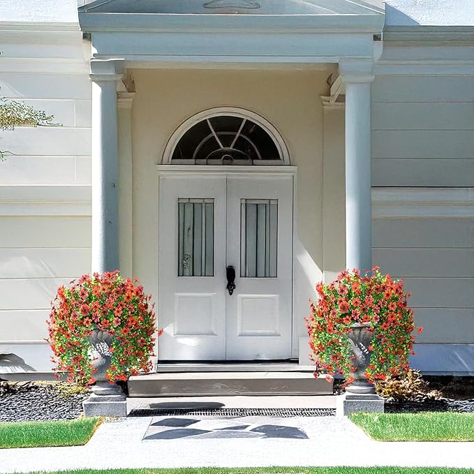 Artificial Hanging Flowers Plants for Outdoor Fall Decoration, 2 PCS Fake Silk Daisy Planter UV Resistant Look Real for Outside Patio Porch Home Autumn Decor (Red Brown)