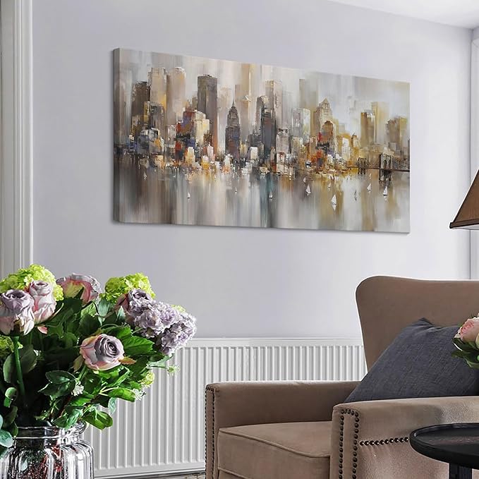 New York City Wall Art - Modern Abstract Wall Art for Living Room, Office & Bedroom Cityscape & Paintings for Bedroom brooklyn bridge Wall Art Pictures Wall Decor Chicago Artwork for Walls 24×48IN