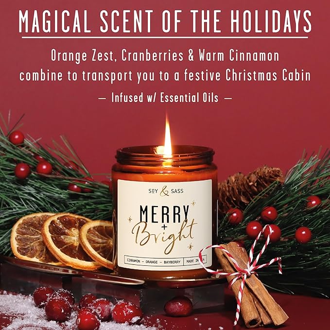 Christmas Candles Scented – ‘Merry & Bright’ Soy Christmas Candle, w/Cranberries, Cinnamon & Orange - Infused with Essential Oils I Holiday Candles I 9oz, 50Hr, Made in USA