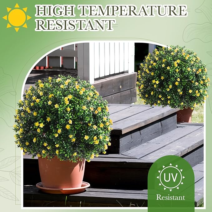 Yunlly Set of 2 Artificial Boxwood Topiary Ball Tree Fake Bushes Shrubs Outdoor Faux Plant with Ground Spike Flowers UV Resistance Greenery for Front Porch Garden Patio Indoor(Yellow,27x18inch)