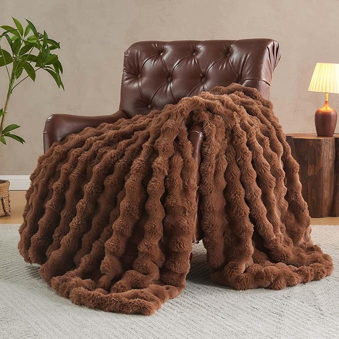 Lotus Karen Faux Fur Throw Blanket Dark Coffee - Big Bubble Rabbit Fluff Blanket for Couch Bed Sofa,Softest Fluffy Fuzzy Cozy Blanket,Thick Furry Plush Shaggy Warm Blankets for Women,90x90 Inches