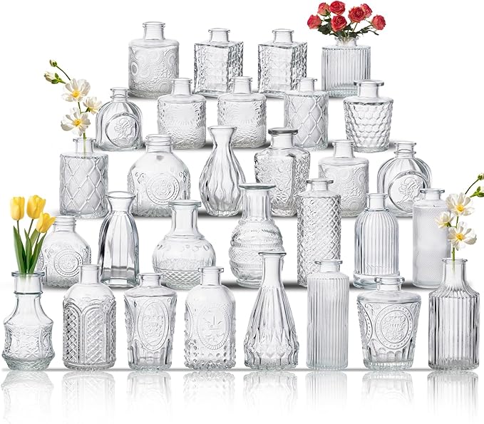 Glass Bud Vase Set of 30, Small Flower Vases, Glass Vases for Centerpieces, Vintage Home Table Decorations Bud Vases (30 Pcs, Clear)