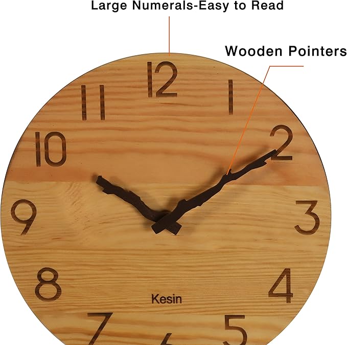 Kesin Wooden Wall Clocks 10 inch Silent Wall Clock Battery Operated Hand Made Round Farmhouse Clock with Rope Hanging Home Decor for Kitchen, Living Room, Bedroom, Office (Nature)