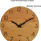 Kesin Wooden Wall Clocks 10 inch Silent Wall Clock Battery Operated Hand Made Round Farmhouse Clock with Rope Hanging Home Decor for Kitchen, Living Room, Bedroom, Office (Nature)
