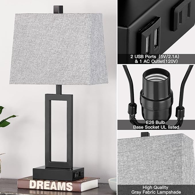 23.5" Touch Control Table Lamps Set of 2, Bedside Lamp with 2 USB Charging Ports & AC Outlet, 3-Way Dimmable Modern Nightstand Lamp for Living Room Bedroom End Table Office(2700K 2 LED Bulbs Included)