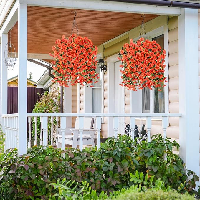 Ivydale 2 PCS Artificial Fall Hanging Flowers Fake Plants Outdoor,Silk Morning Glory Faux Flowers with Eucalyptus,UV Resistant Realistic Petunias Plants for Home Garden Decor (Orange(Leaves Green))