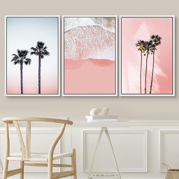 SIGNWIN 3 Piece Framed Canvas Wall Art Palm Tree in The Pink Beach Canvas Prints Home Artwork Decoration for Living Room,Bedroom - 24"x36"x3 White