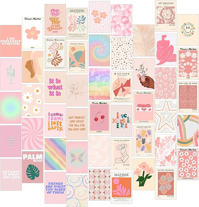 Fardes Pink Room Decor, 50pcs Preppy Prints for Teen Girls Bedroom, Pink Wall Collage Kit Aesthetic Pictures, Preppy Bedroom Decor, Teen Girls Cute Wall Decor