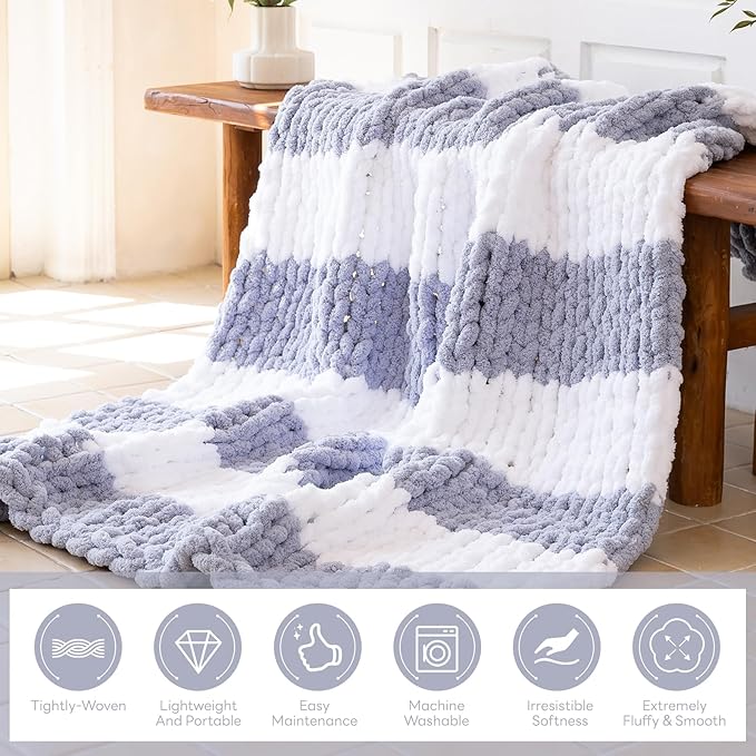 Chunky Knit Blanket - Luxury Soft Cozy 50 * 60 Throw Blanket,100% Woven Blanket Rope Knot Throw Blanket for Couch, Sofa, Home Decor, Gift - Machine Washable（White/Light Gray）