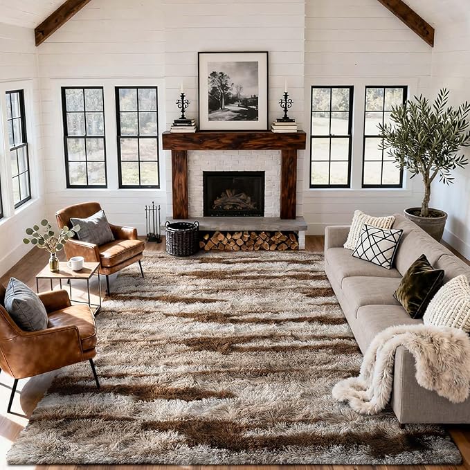 8x10 Ft Extra Large Shag Rugs for Living Room, Tie Dyed Ultra Soft Fluffy Furry Area Rugs for Bedroom Indoor Floor, Aesthetic Carpet for Kids Home Decor (Khaki)