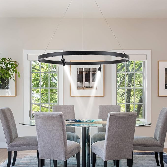 Modern LED Chandelier 1-Ring Circular 6000K 36W Dimmable Black Pendant Light with Adjustable Spotlights for Living Room, Dining Room, Kitchen, Bedroom, Foyer, Restaurant, Hotel, Bar