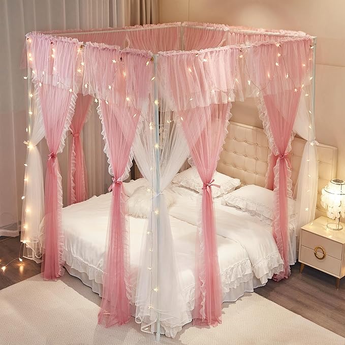 4 Corners Post Princess Curtains Bed Canopy for Girls 8 Panels Curtain- Double Layer Sheer Mesh Canopies Drapes Girls Room Decor (8P-Pink/White, 4P(33"x82") W+4P(43"x82") L/(Queen))