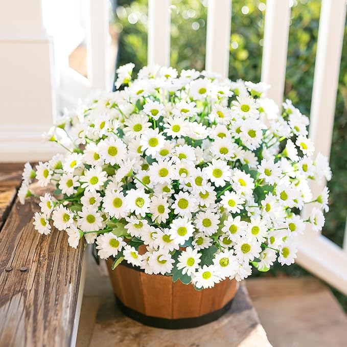Daisy Artificial Flowers for Outdoors Fall Autumn Decoration, 6 Bundles Fake Mums White Silk Flowers for Outside Look Real UV Resistant Faux Flowers Plants for Planter Front Door Home Indoor Porch Urn