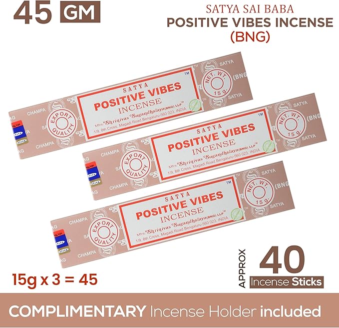 Satya Positive Vibes Incense Sticks, Satya Bng (Bangalore) Insenses 15gmx3 Pack (45 GMS) with Raajsee Incense Holder Bundle, Satya Nagchampa Natural Incense