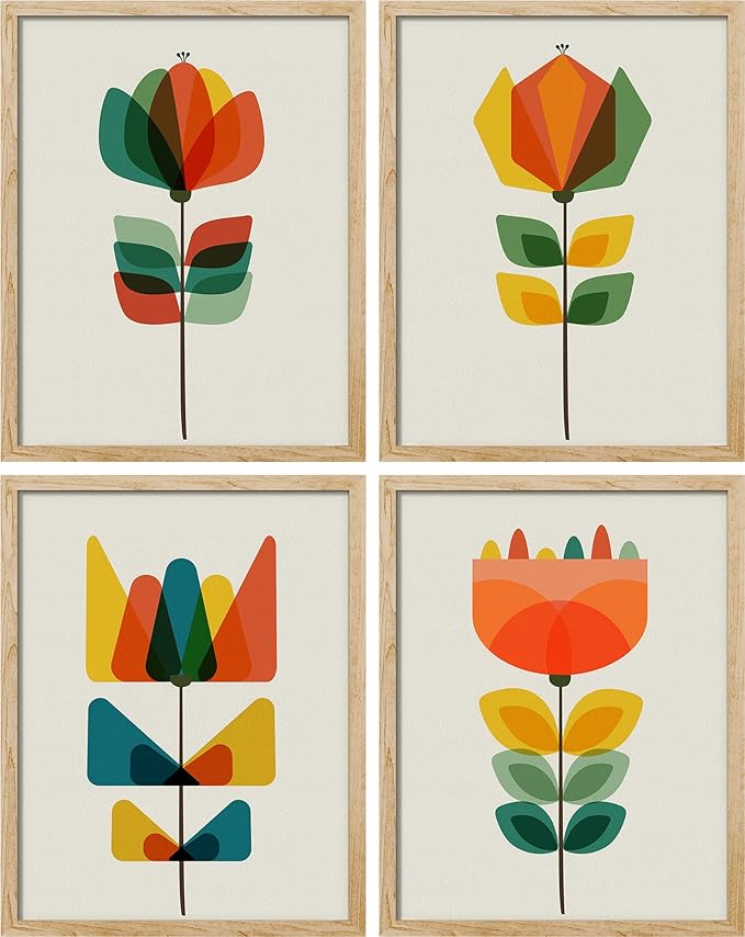 SIGNWIN Adhesive Canvas Poster Mid-Century Modern Retro Botanical Flower Garden Abstract Geometric Digital Art Modern Art Decorative Zen Multicolor Minimalism for Bedroom - 8"x10"x 4