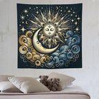 HZOHNAGO Sun Moon Tapestry Boho Golden Stars Pattern Printed Wall Tapestry Wall Hanging for Bedroom Living Room Dorm 60" W x 60" H