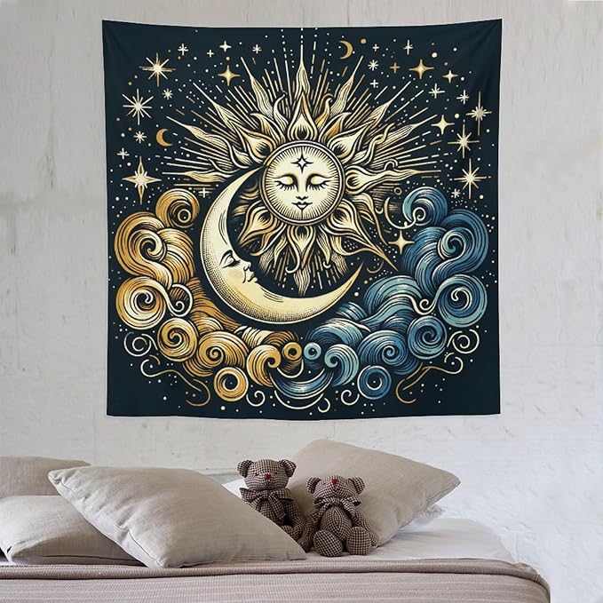 HZOHNAGO Sun Moon Tapestry Boho Golden Stars Pattern Printed Wall Tapestry Wall Hanging for Bedroom Living Room Dorm 60" W x 60" H