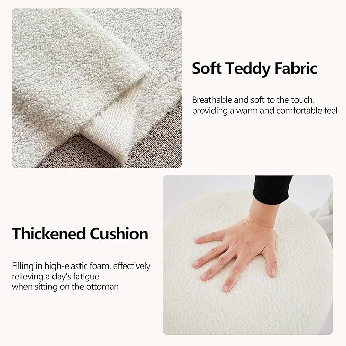 Modern Round Ottoman, Classic Foot Stool Ottoman, Teddy Fleece Upholstered Vanity Stool for Makeup, Bedroom, Living Room, White