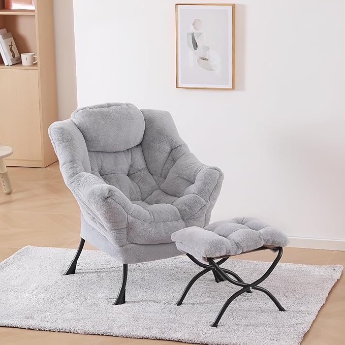 Plush Lazy Chair and Ottoman, Large Contemporary Accent Lounge Chair with Armrests and a Side Pocket, Modern Leisure Upholstered Sofa Reading Armchair with Footrest for Bedroom, Living Room