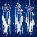 Jetec 3 Pcs Dream Catcher Moon Sun Star Design Handmade Traditional Craft Ornament Wall Hanging Home Decoration Bedroom Wedding Halloween Christmas Decorations(White)