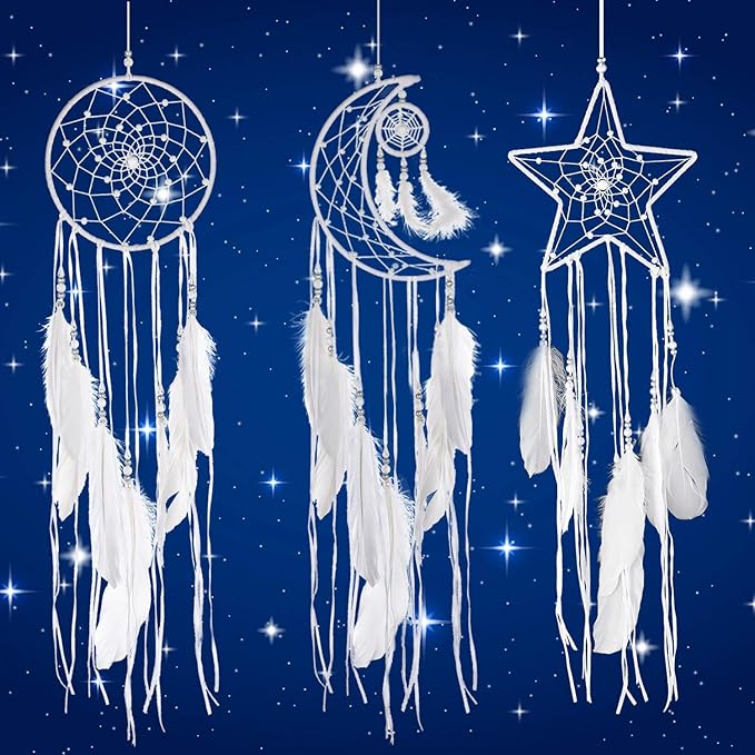 Jetec 3 Pcs Dream Catcher Moon Sun Star Design Handmade Traditional Craft Ornament Wall Hanging Home Decoration Bedroom Wedding Halloween Christmas Decorations(White)