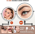 9" Wall Mounted Lighted Makeup Mirror,4000mAh Rechargeable Double Sided 1X/20X Magnifying Mirror with Light,Touch Dimmable,Extended Arm 360 Rotation Wall Mounted Makeup Mirror 3 Color Lights-B