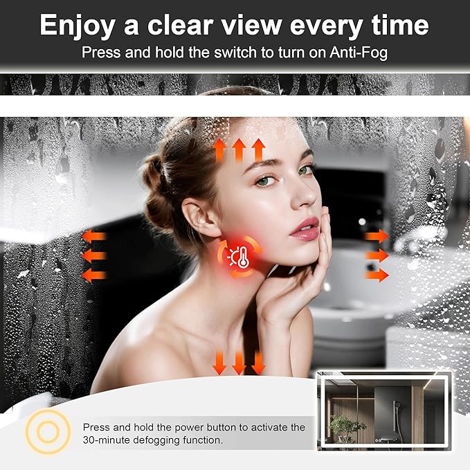 Led Mirror for Bathroom, 30x40 Bathroom Vanity Mirror for Wall with Light, IP54 Enhanced Anti-Fog, Dimmable 3 Colors, Memory Function, Backlit and Front Lit, Shatter-Proof Glass, Plug-in/Hardwired