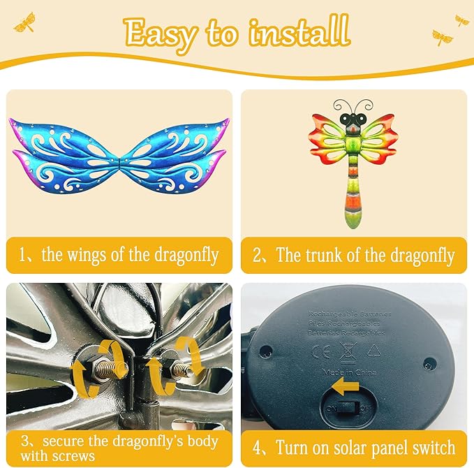 Solar Dragonfly Wall Art, 12-Inch Metal Garden Decor, Color Changing LED Lights, Multicolor