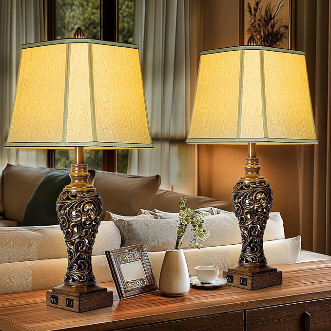 28.5'' Tall Farmhouse Vintage Table Lamp Set of 2 with Faux Silk Shade USB Ports Nightlight Decor for Bedside Living Room Bedroom Nightstands Office Home, Dark Bronze(Bulbs Included)